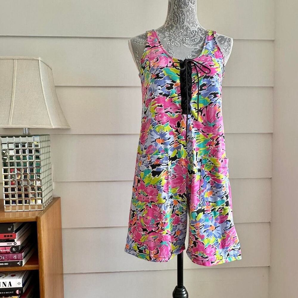 Vintage 90s Floral Print Romper Lace Up Neon Acid Floral